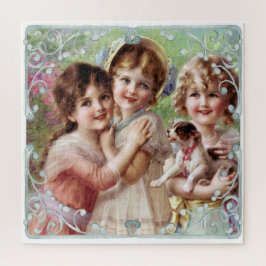 三小さな女の子と犬ヴィンテージプリント ジグソーパズル