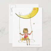 三日月からぶら下がったロープで揺れる少女 ポストカード (正面/裏面)