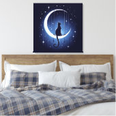 三日月から揺れる猫のシルエット キャンバスプリント (インサイチュ (寝室))