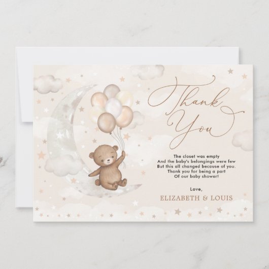三日月とクマのぬいぐるみ | 風船 雲 星 サンキューカード (正面)
