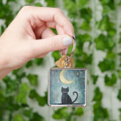三日月と星と眠る黒猫 キーホルダー (手)