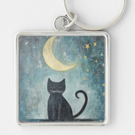 三日月と星と眠る黒猫 キーホルダー