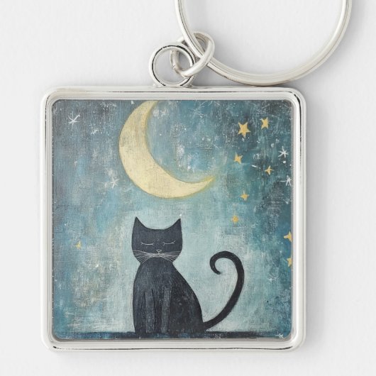 三日月と星と眠る黒猫 キーホルダー (正面)