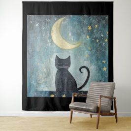 三日月と星と眠る黒猫 タペストリー