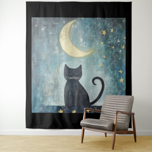 三日月と星と眠る黒猫 タペストリー (インサイチュ)