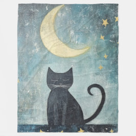 三日月と星と眠る黒猫 フリースブランケット