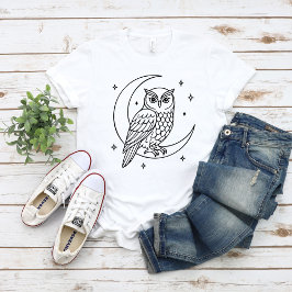 三日月と星のラインアートに止まるフクロウ Tシャツ