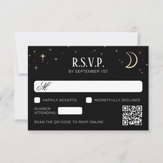 三日月と星のQRコード付き結婚式RSVP 出欠カード (正面)