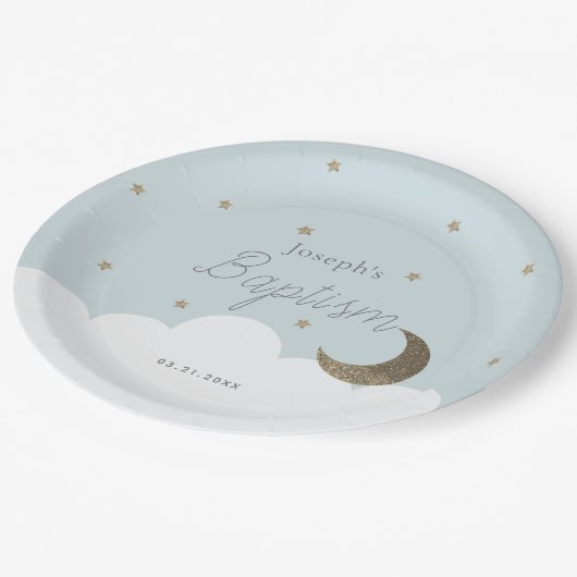 三日月と星ライトブルーボーイバプテスマ ペーパープレート (アングル)