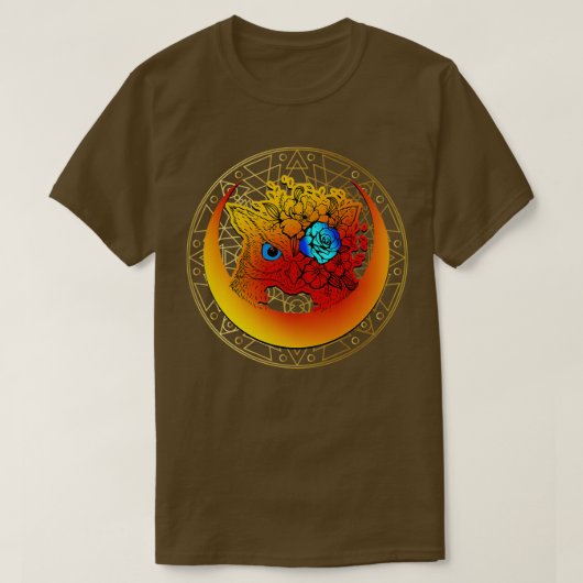 三日月と神聖な幾何学を持つフクロウ Tシャツ (デザイン正面)