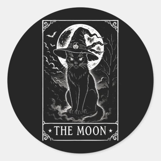 三日月と黒猫の魔女の帽子のタロットカード ラウンドシール (正面)