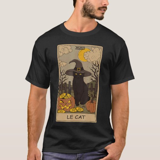 三日月と黒猫の魔女の帽子のタロットカード H Tシャツ (正面)