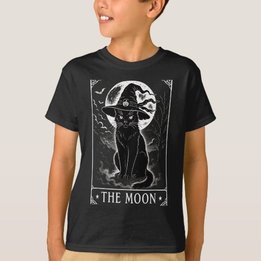 三日月と黒猫の魔女の帽子のタロットカード Tシャツ (正面)