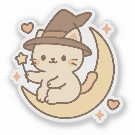 三日月にかわいい魔女猫 シール (正面)