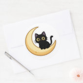 三日月に乗ったかわいい黒猫ステッカー ラウンドシール (封筒)