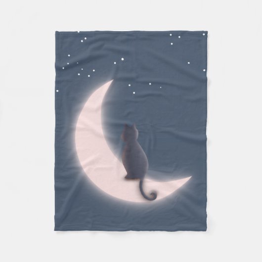 三日月に乗った黒猫の夜空柄コズィー フリースブランケット (正面)