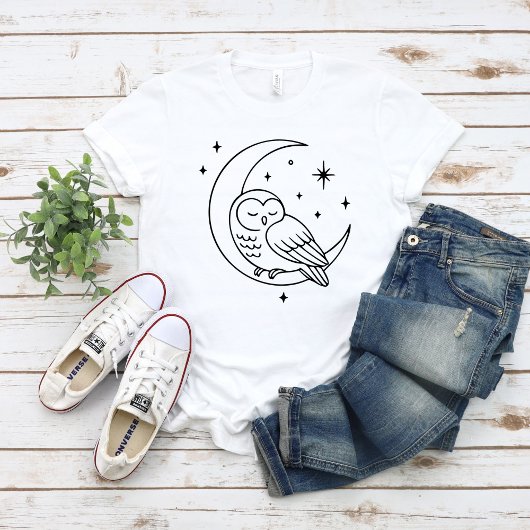 三日月に佇むフクロウの線画 Tシャツ