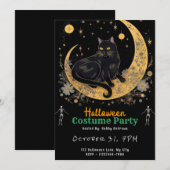 三日月に佇む黒猫 ブラックハロウィン 招待状 (正面/裏面)