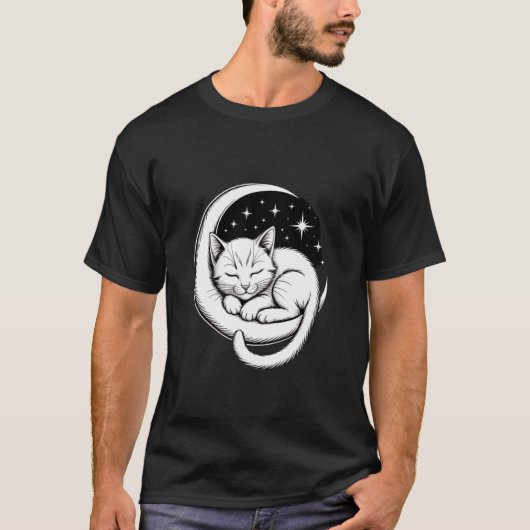 三日月に寝そべるネコ Tシャツ (正面)