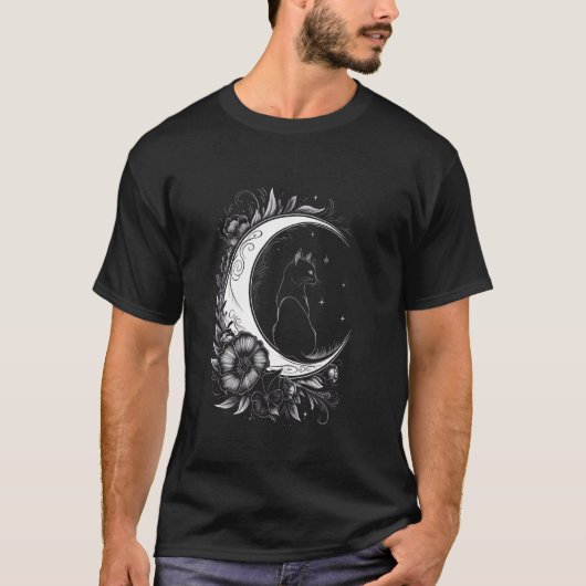 三日月に座る猫 花と星の絵 Tシャツ (正面)