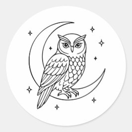 三日月に止まるフクロウと星の線画 ラウンドシール