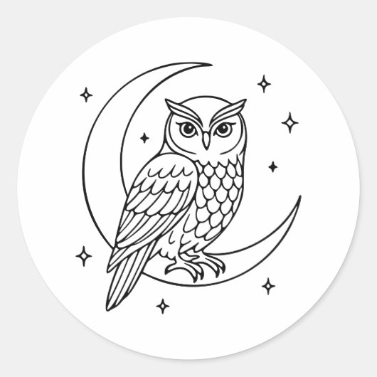 三日月に止まるフクロウと星の線画 ラウンドシール (正面)