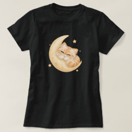 三日月に眠るかわいいオレンジ色のネコTシャツ Tシャツ