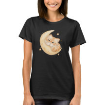 三日月に眠るかわいいオレンジ色のネコTシャツ