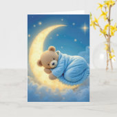 三日月に眠るテディベア カード (黄色い花)