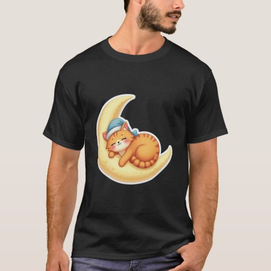 三日月に眠る可愛いオレンジ色の猫 Tシャツ (正面)