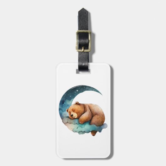 三日月に眠る可愛いテディベア ラゲッジタグ (正面縦)