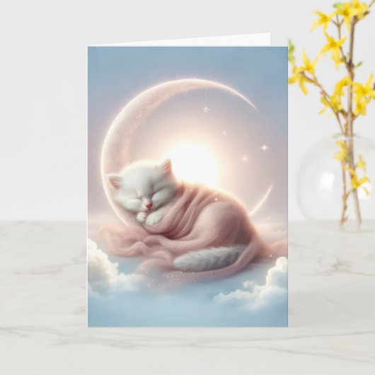 三日月に眠る子猫 カード (黄色い花)