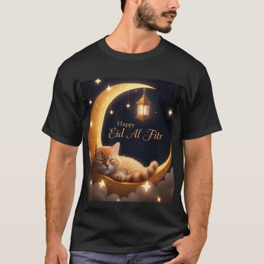 三日月に眠る猫メンズTシャツ Tシャツ (正面)