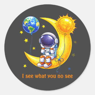 三日月に立つ宇宙飛行士のスペースアート ラウンドシール