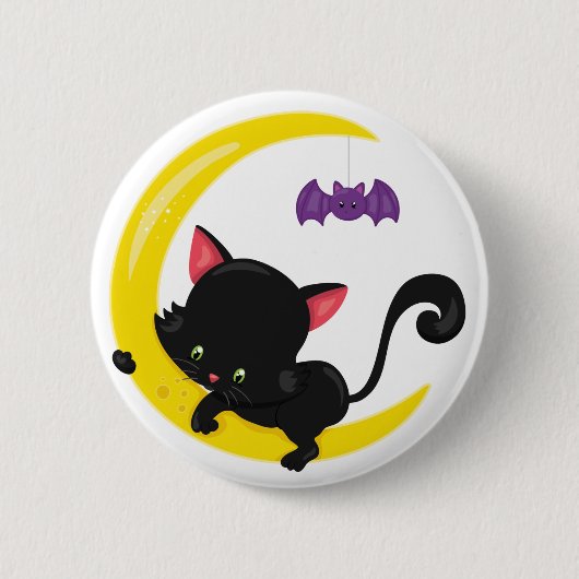 三日月に黒猫とコウモリ ハロウィン 缶バッジ (正面)
