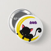 三日月に黒猫とコウモリ ハロウィン 缶バッジ (正面&裏面)