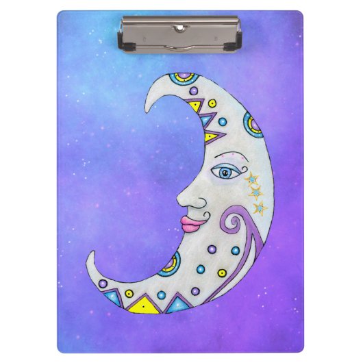 三日月のかわいらし顔カラフルマーク紫 クリップボード (正面)