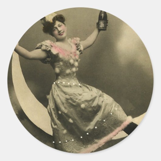 三日月のシャンパンのトースト ラウンドシール (正面)