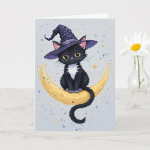 三日月のハロウィン挨拶に可愛い黒猫 カード