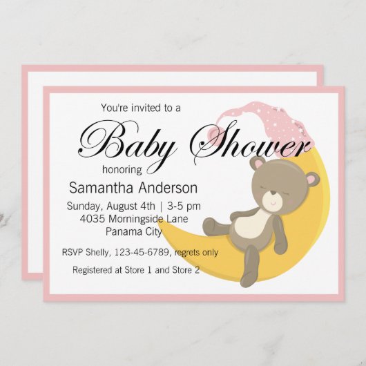 三日月のベビーシャワーにテディベア 招待状 (正面/裏面)