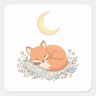 三日月の下のキルトの上で眠るかわいい狐 AI スクエアシール