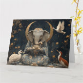 三日月の下の神秘的な象の茶パーティー カード (黄色い花)