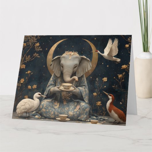 三日月の下の神秘的な象の茶パーティー カード (正面)