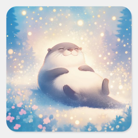三日月の下の雪の中で横たわるかわいいカワウソ スクエアシール (正面)