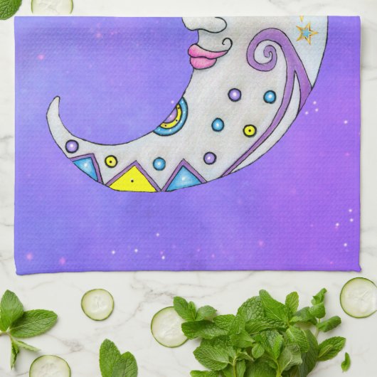 三日月の形カラフル状かわいらし顔紫 キッチンタオル (折り畳み)