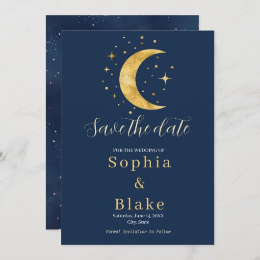 三日月の星月夜の海軍の日付を保存 招待状 (正面/裏面)