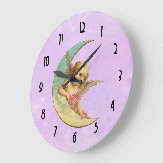 三日月の月のヴィンテージのイメージの天使 ラージ壁時計 (傾斜)
