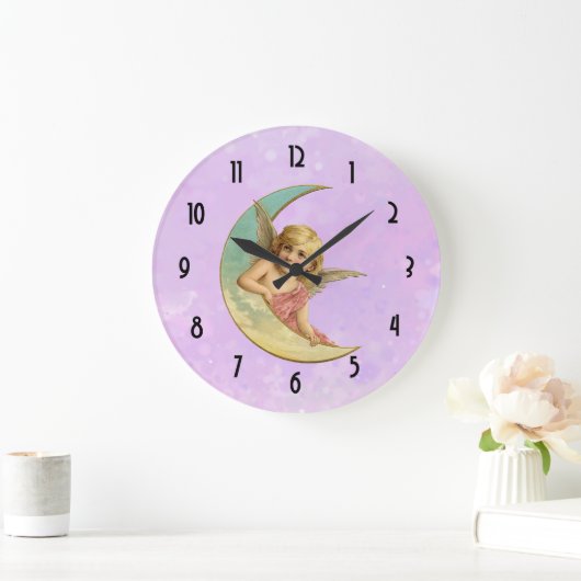 三日月の月のヴィンテージのイメージの天使 ラージ壁時計 (ホーム)