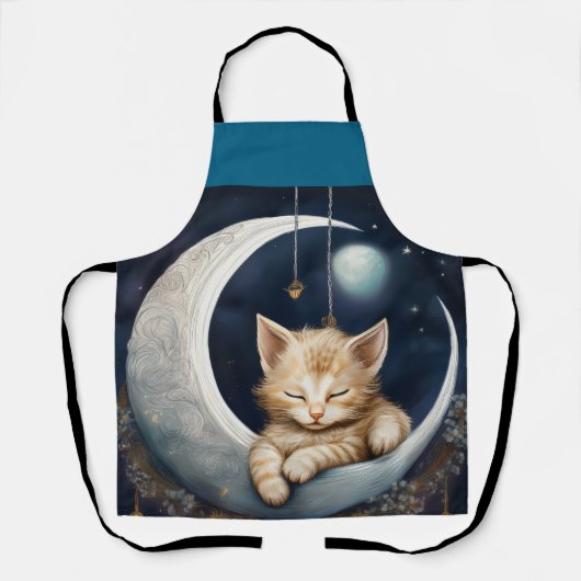三日月の物体で眠っている子猫 エプロン (正面)