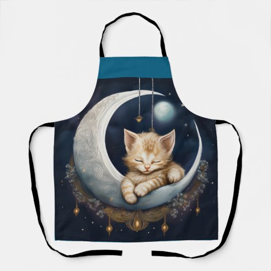 三日月の物体で眠っている子猫 エプロン (正面)